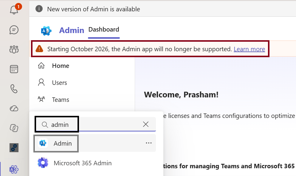 Admin app in Teams, Outlook and Microsoft365.com