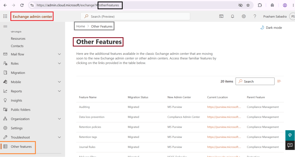 Exchange admin center - Other features