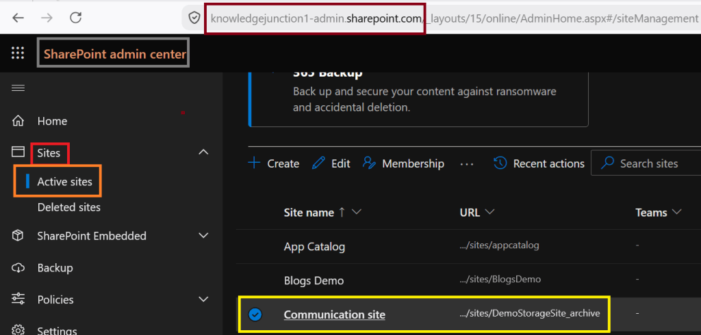 SharePoint admin center - Selecting the site on which we need to enable the Restricted Content Discovery
