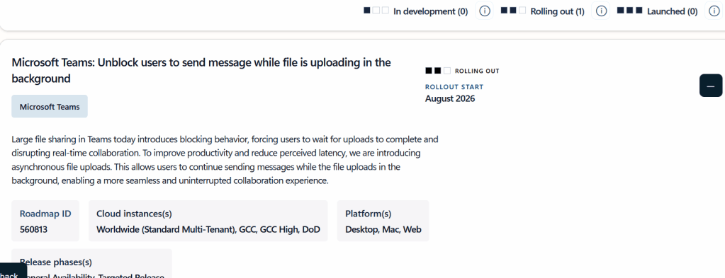 Microsoft 365 Roadmap ID 560813 - Microsoft Teams: Unblock users to send message while file is uploading in the background