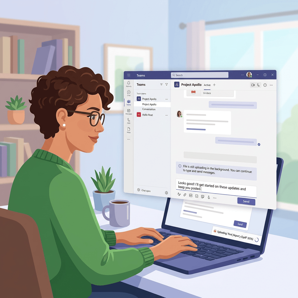 Person using Microsoft Teams Project Apollo chat while uploading final report