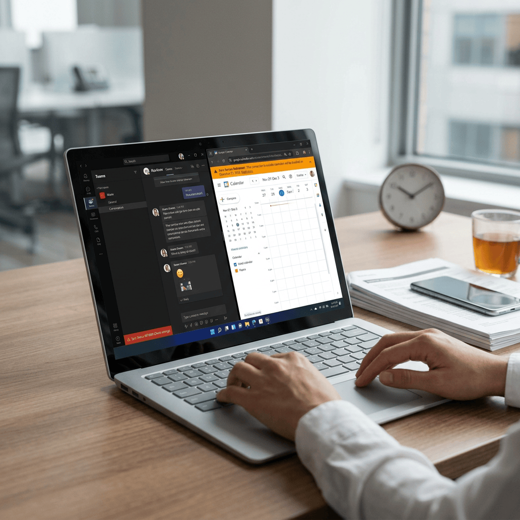 Person using laptop with team chat and calendar open