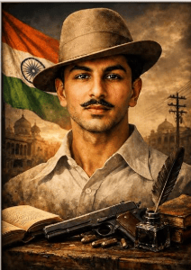 Bhagat Singh with vintage background and Indian flag